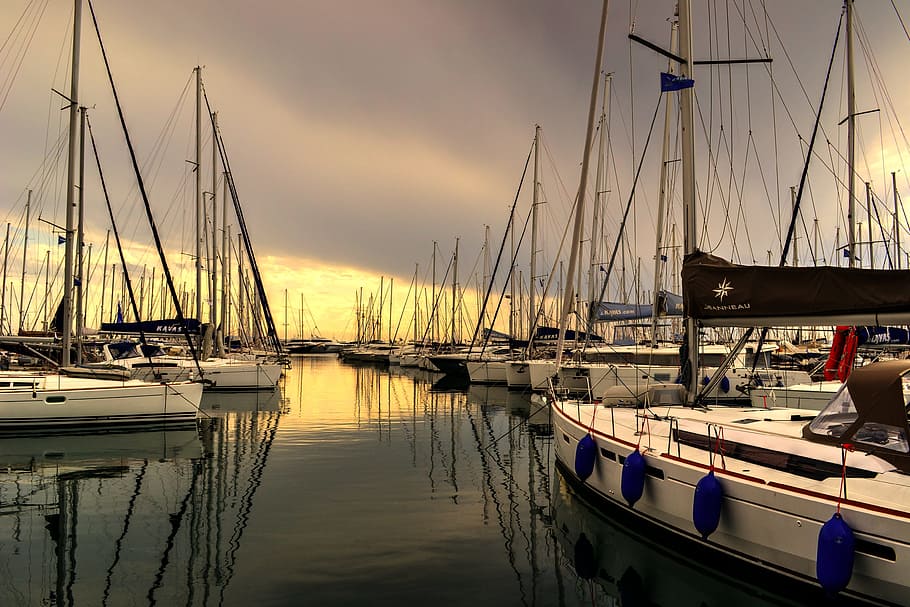 boats on body of water during daytime, Sunset, Port, Clouds HD wallpaper