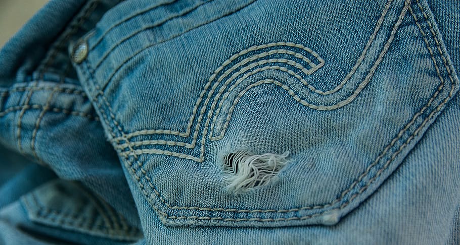 blue denim bottoms, pants, jeans, old, worn, hole, textile HD wallpaper