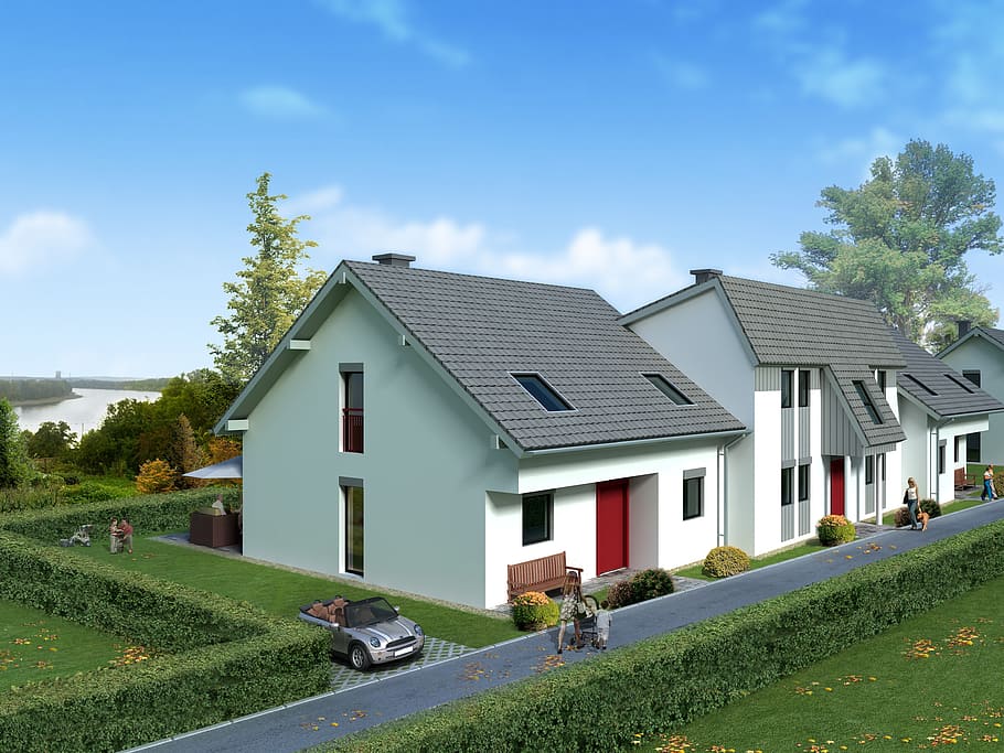 aerial photography of house, semi-detached house, villa, rendering HD wallpaper