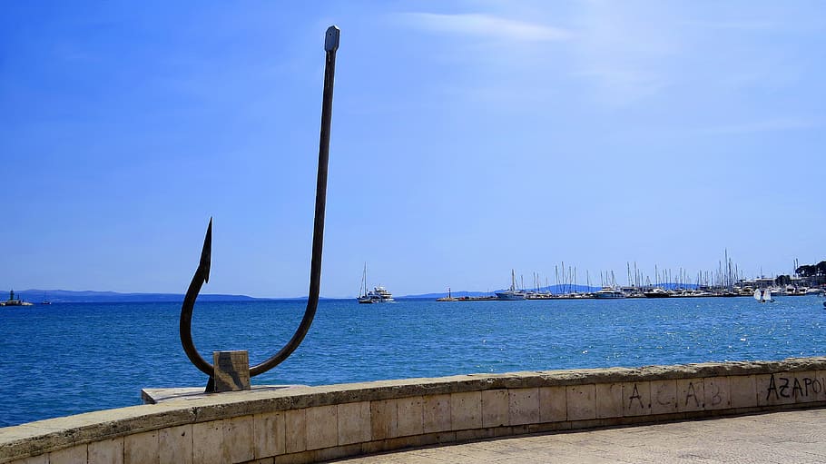 anchor, hook, sea, sailboats, beach, blue, the coast, the waterfront, HD wallpaper