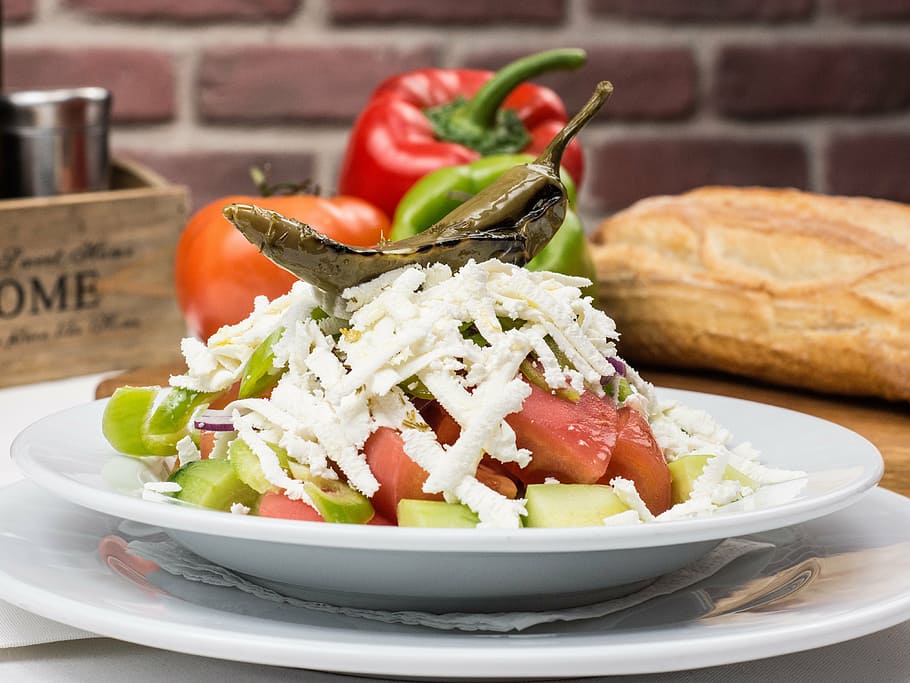 plate of vegetable salad, bulgarian traditional salad, tomatoes, HD wallpaper