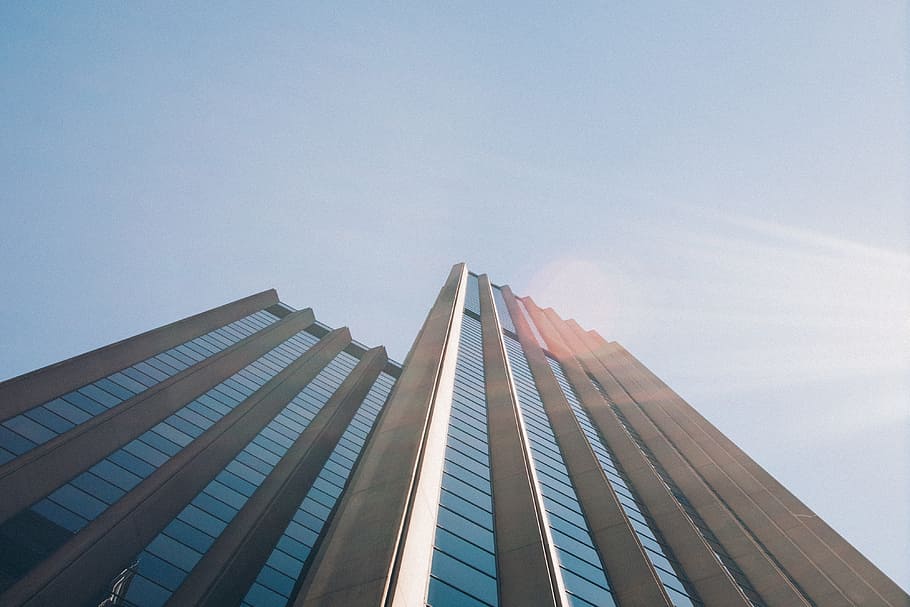 Office building and blue sky, architecture, skyscraper, built Structure, HD wallpaper