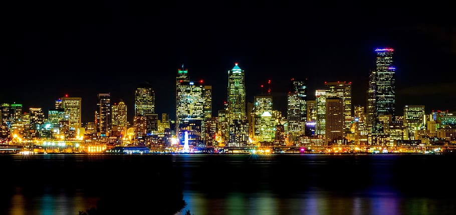 high rise buildings at the city, seattle, night, water, reflection HD wallpaper