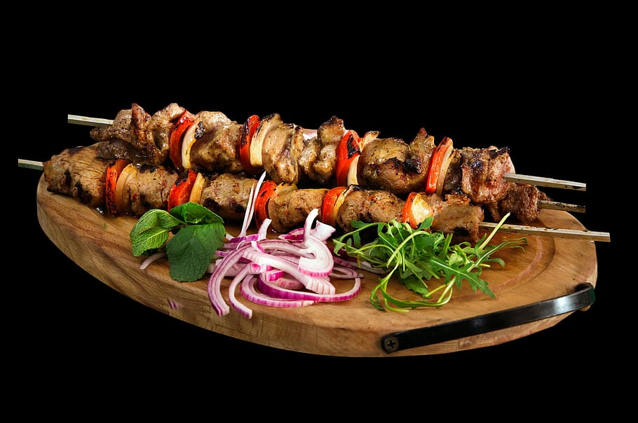 kebab barbecues on brown wooden tray, skewer, food, meat, restaurant, HD wallpaper