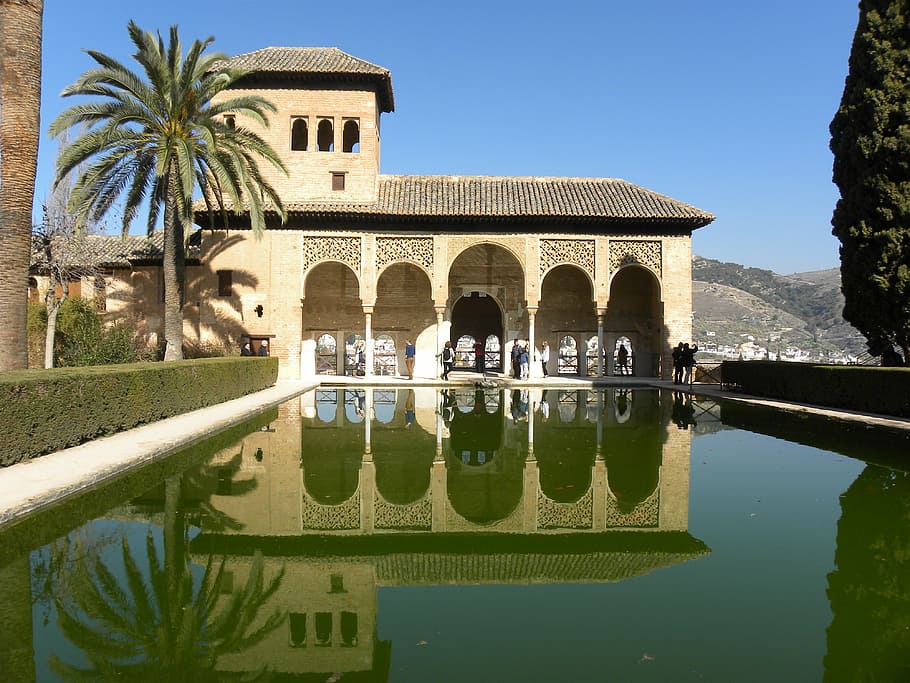 spain, reflection, water, travel, europe, architecture, building HD wallpaper