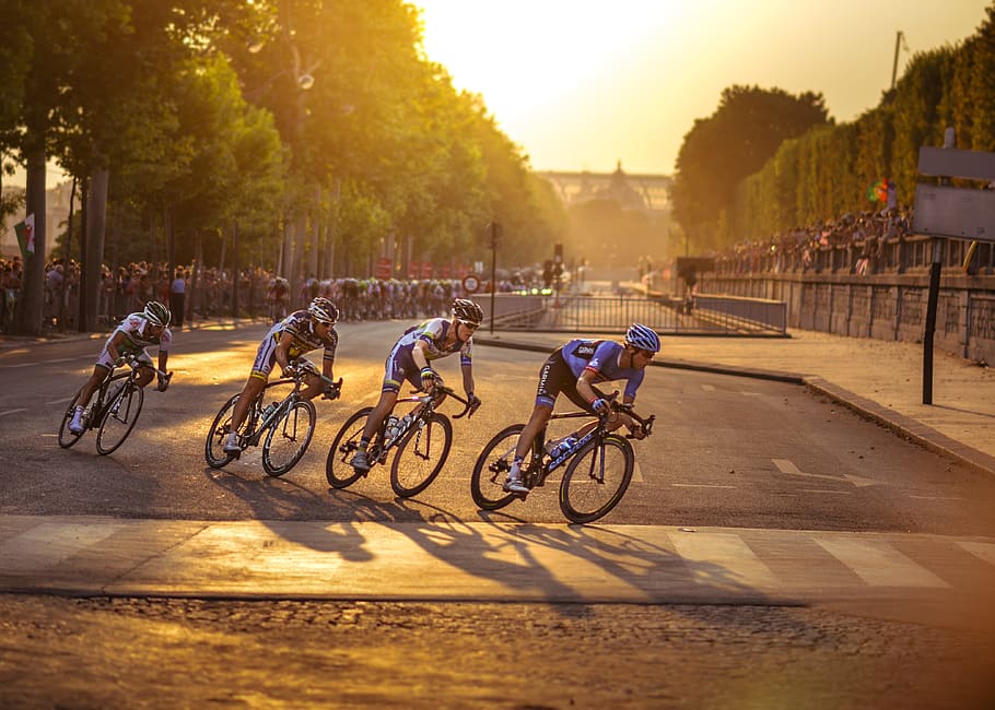 four men riding road bicycles, cyclists, twilight, atmosphere HD wallpaper