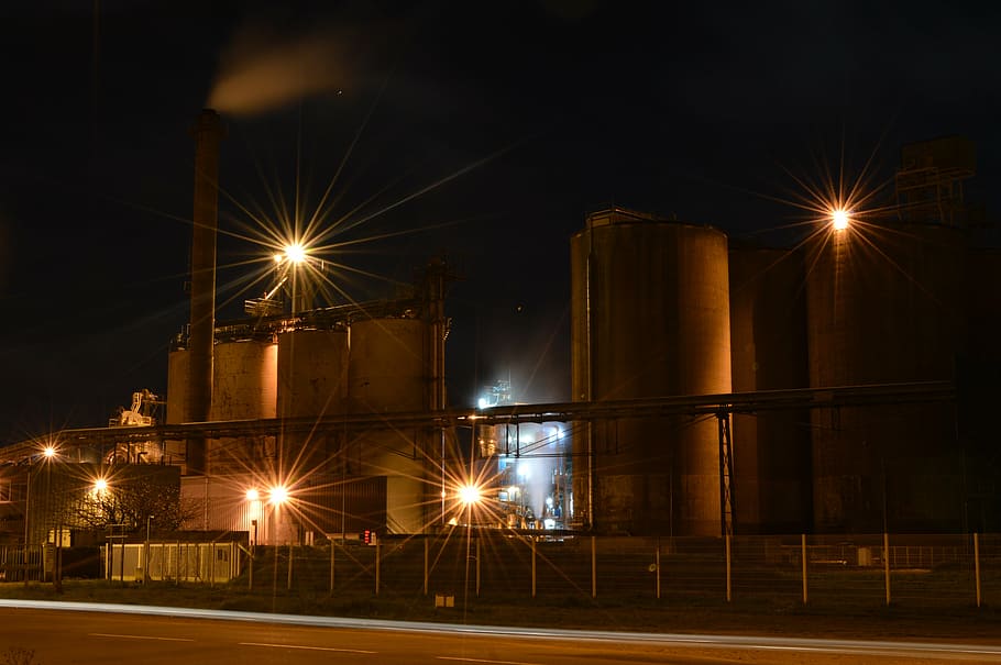 high rise building, factory, night, industry, light, machine HD wallpaper