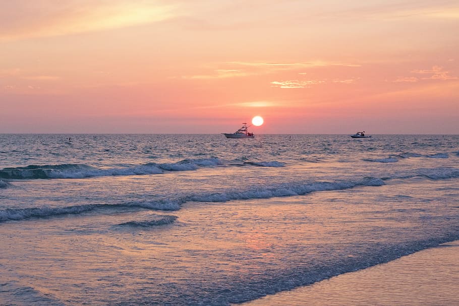 boat on body of water during golden hour, Sunset, Pink, Ocean HD wallpaper