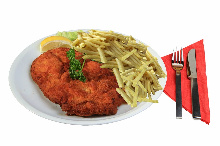 fried meat and fries on white plate, schnitzel, breaded, kitchen HD wallpaper