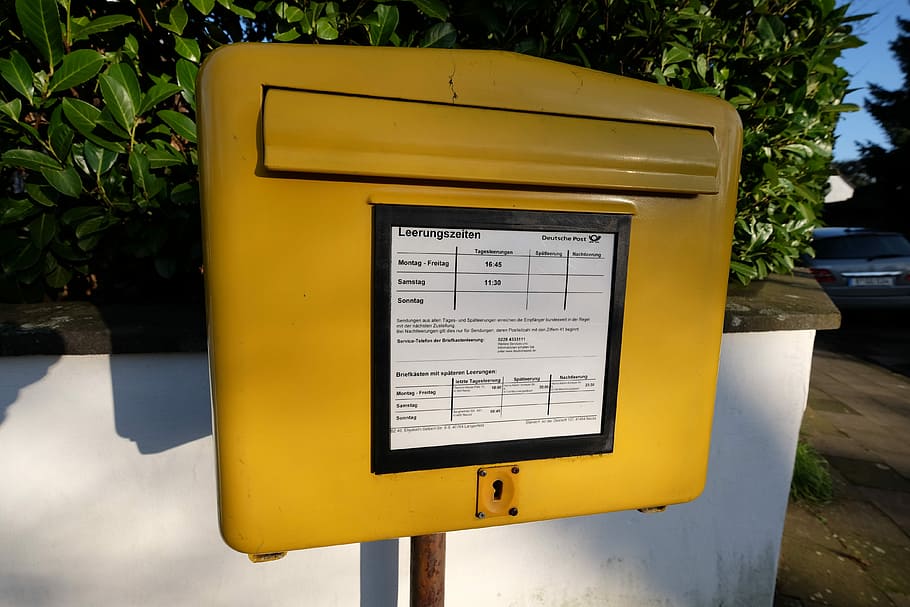 Neuss, Mailbox, Post, communication, yellow, text, day, no people HD wallpaper