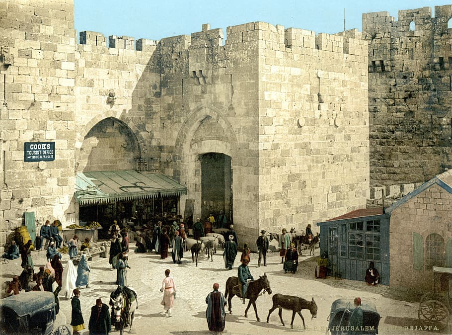 Jaffa Gate around 1900 in Jerusalem, Israel, architecture, castle