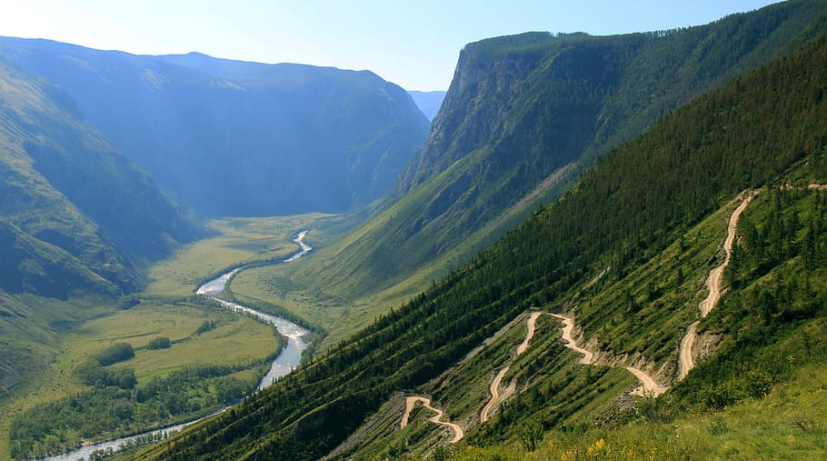 aerial photography of green field mountain, valley, mountains HD wallpaper
