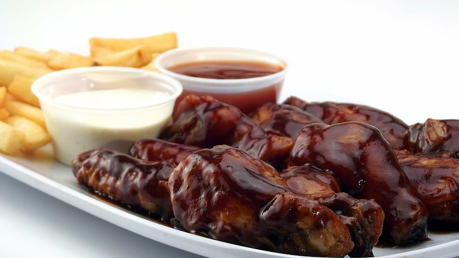 grilled meat with dips, chicken wings, bbq, country potatoes HD wallpaper