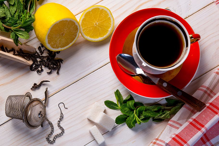 sliced lemon, sugar cubes, and tea, drink, cup, table, food HD wallpaper