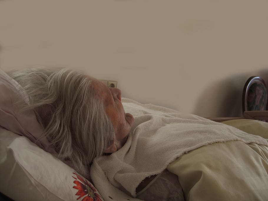 woman on white mattress, old, bed, concerns, dependent, dementia