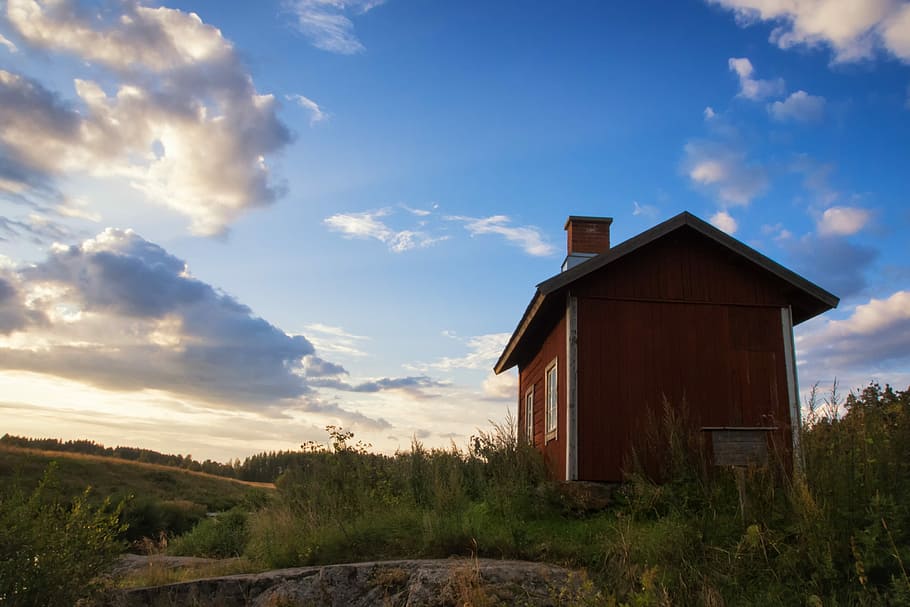 red, hut, evening, sunset, house, summer, cottage, water, scenic HD wallpaper