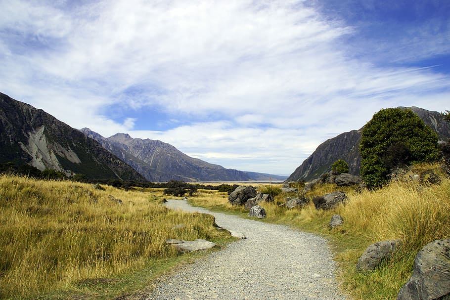 landscape photography of mountains, grass, and road, mount cook