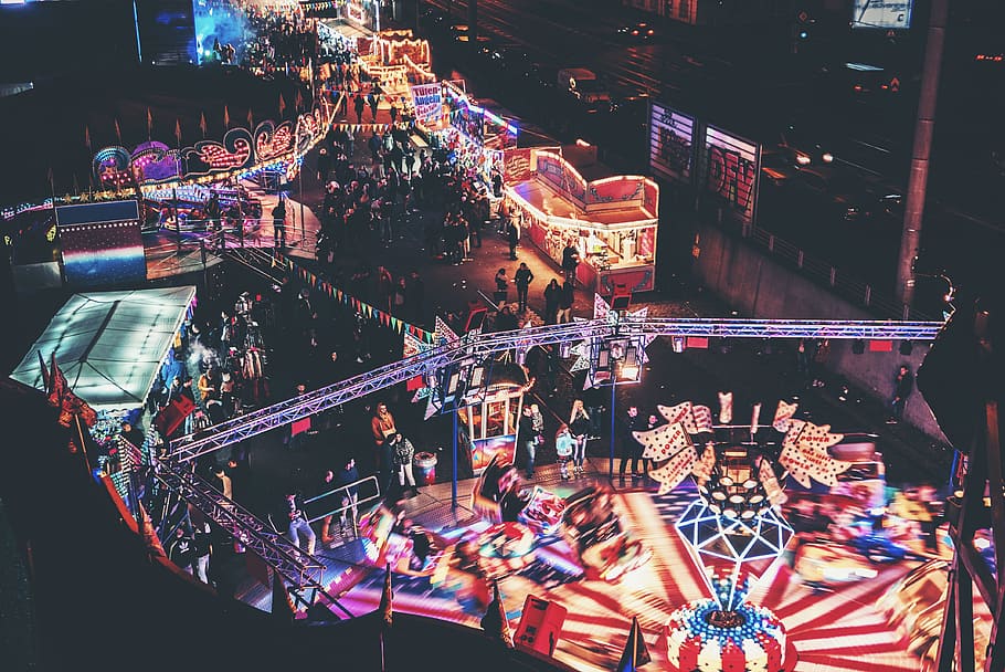 time lapse photo of amusement park taken at nighttime, aerial view of carnival during night time HD wallpaper