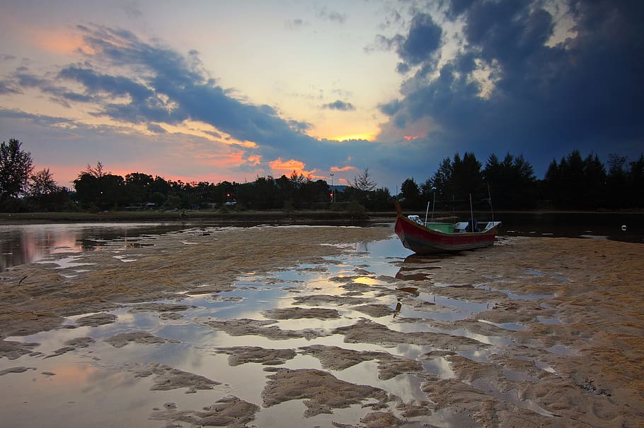 sea, dawn, landscape, nature, beach, boat, lake, leisure, low tide HD wallpaper