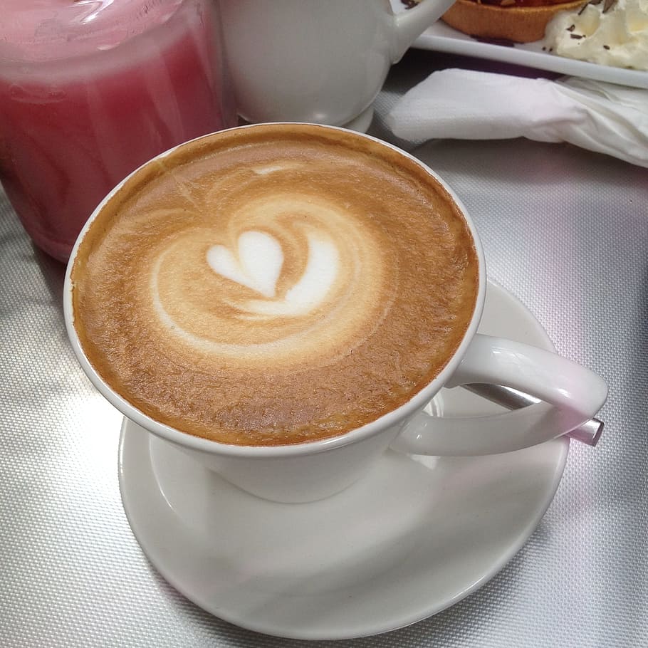 white ceramic mug and saucer filled with coffee, heart, warm HD wallpaper