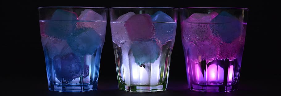 three assorted-color LED lights, glasses, ice cubes, illuminated, HD wallpaper