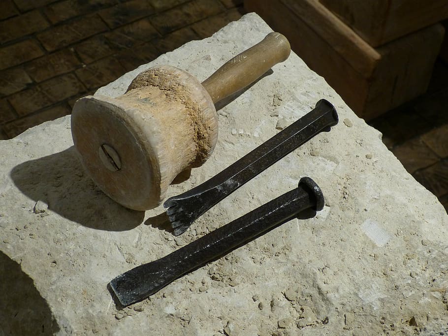 two b lack metal chisel, tool, hammer, craftsmen, workshop, stone