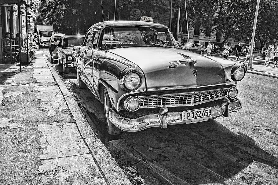 Grayscale Photography of Vintage Car Beside Pavement, antique