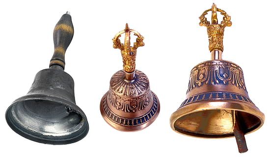 two brass and one stainless steel handbells, accessory, melodic HD wallpaper