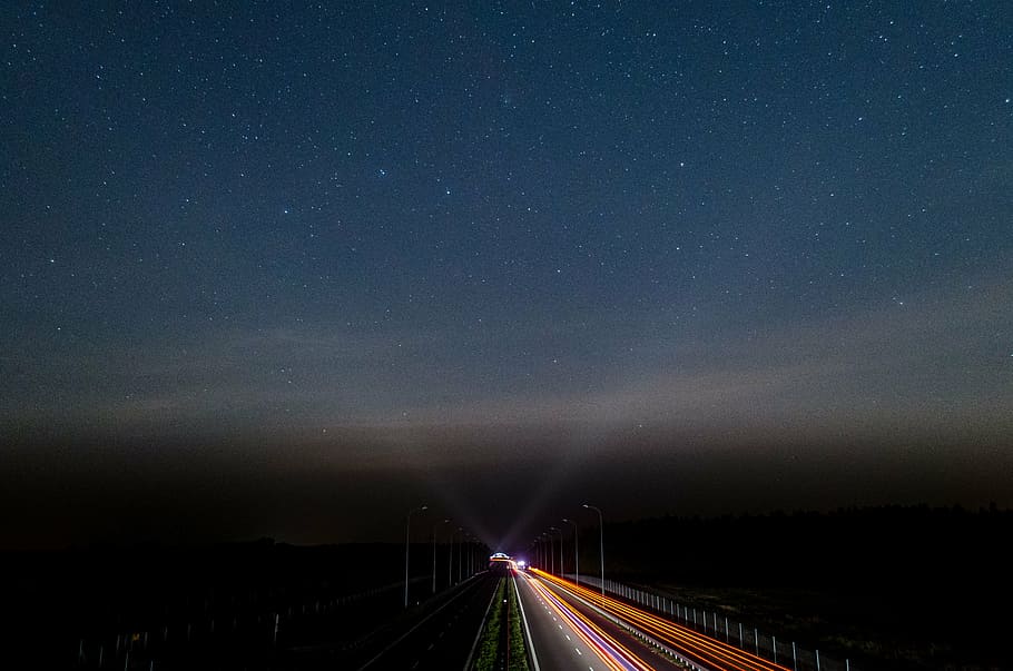 timelapse photo of a road with cars, dark, night, lights, highway HD wallpaper