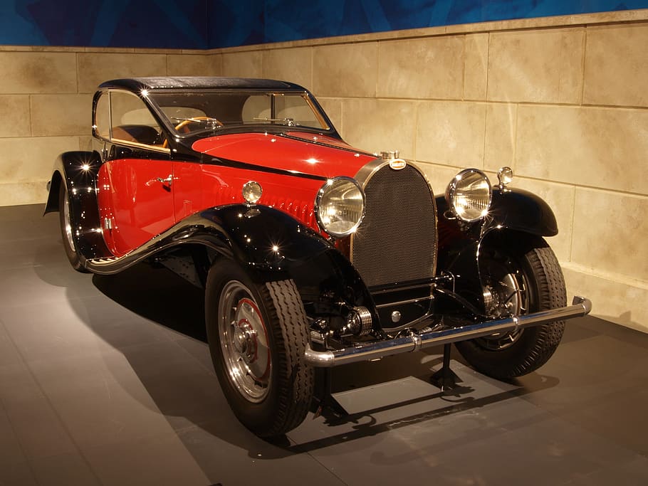 photo of classic red and black car, bugatti, 1932, automobile, HD wallpaper