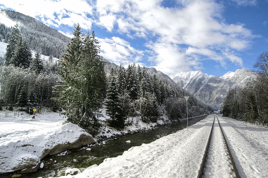austria, neukirchen, rails, tracks, river, hills, mountains HD wallpaper