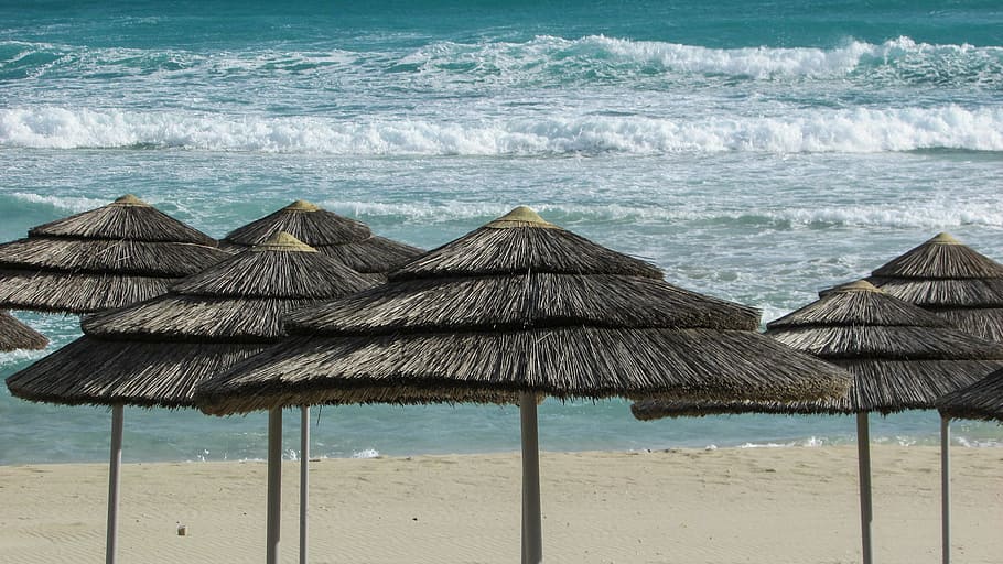 beach, umbrellas, sand, cyprus, ayia napa, nissi beach, sea