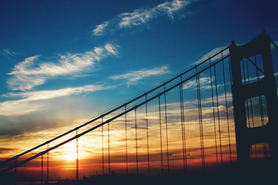 silhouette of hanging bridge, sunset, sky, clouds, skyline HD wallpaper