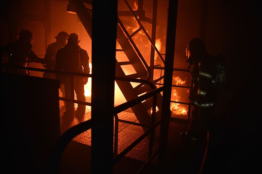 several fireman fighting fire, firefighters, portrait, training HD wallpaper
