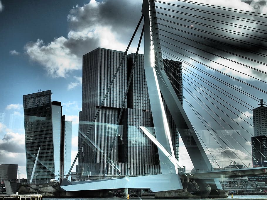 bridge, clouds, netherlands, rotterdam, architecture, built structure HD wallpaper