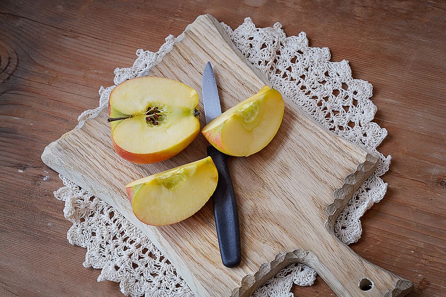 apple, bio apple, cut, sliced apple, cutting board, wooden board HD wallpaper