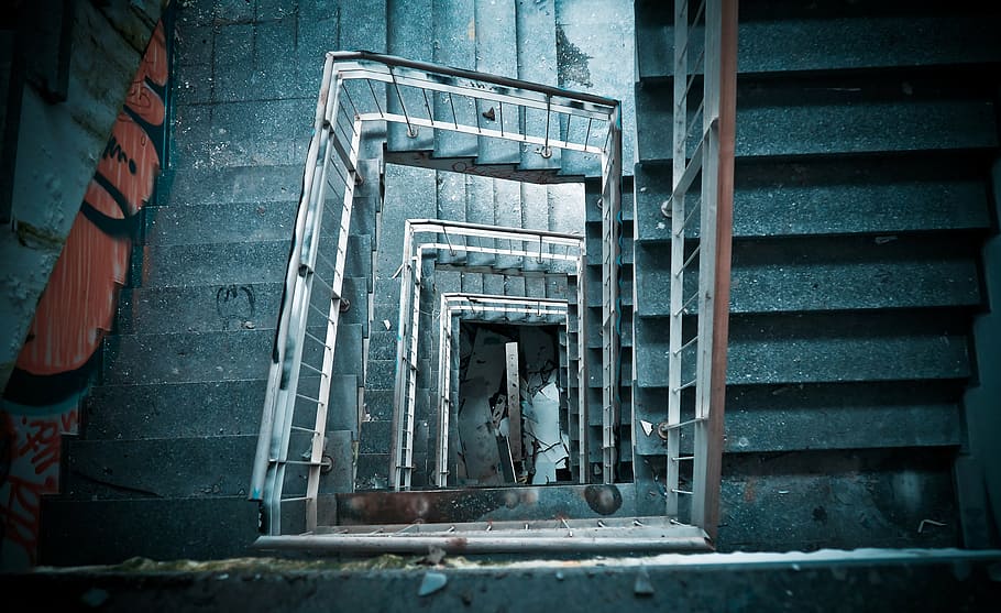 grey stairways, lost places, factory, old, lapsed, building, stairs, HD wallpaper