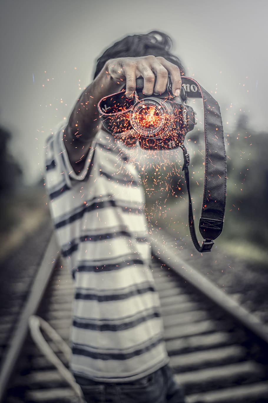 grayscale photography of man holding camera, fire, image, flame HD wallpaper