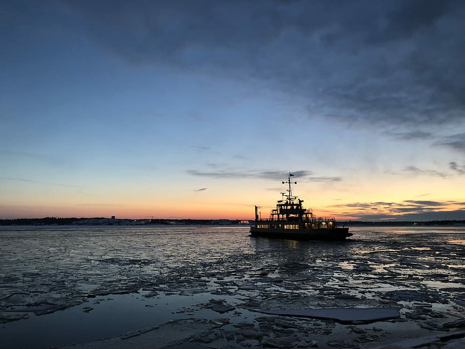 ship on body of water under gray sky, sunset, sunrise, orange HD wallpaper