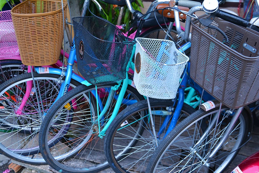 several bicycles with baskets, bikes, wheels, cycling, activity HD wallpaper