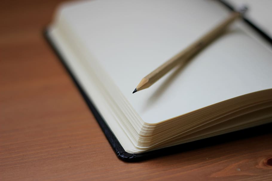 pencil on opened book, brown, white, paper, write, notebook HD wallpaper