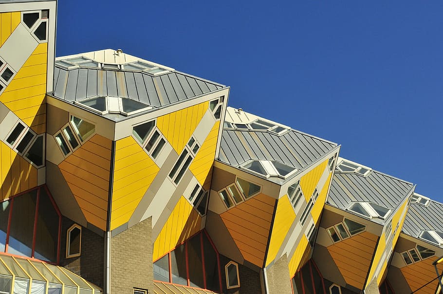 Up or down, untitled, building, pattern, yellow, blue, grey, architecture HD wallpaper
