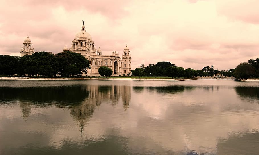 Victoria Memorial, Lake, Reflexion, evening, india, ancient, HD wallpaper