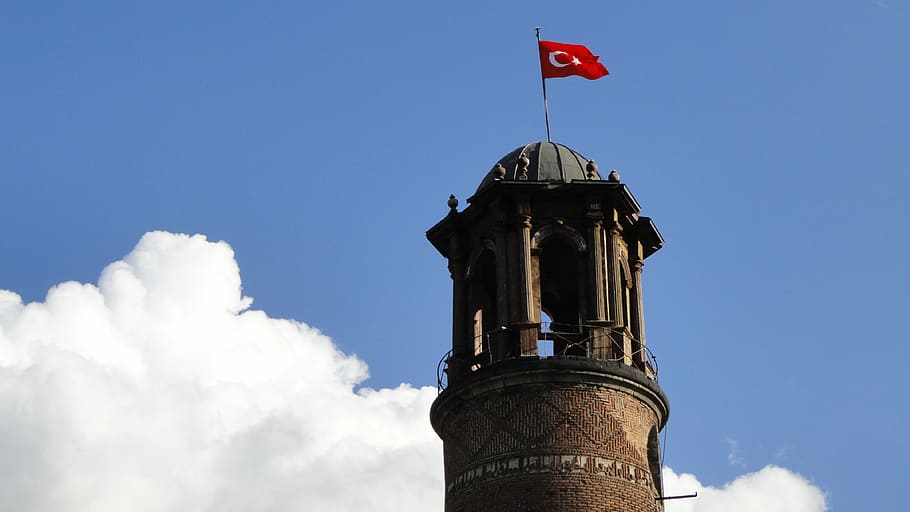 Erzurum, Clock Tower, Castle, erzurum castle, flag, blue, patriotism, HD wallpaper