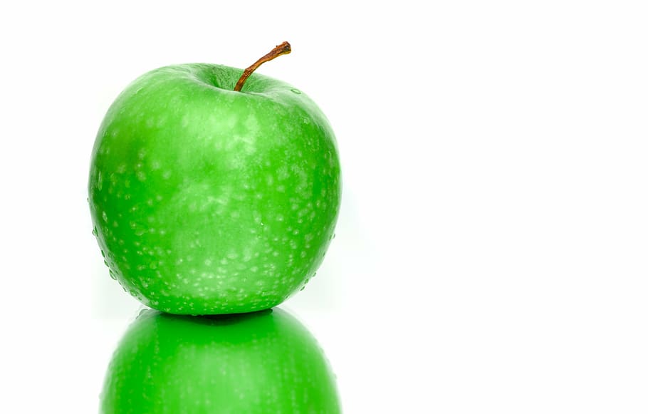 photo of green apple, reflection, food, fruit, healthy, white HD wallpaper