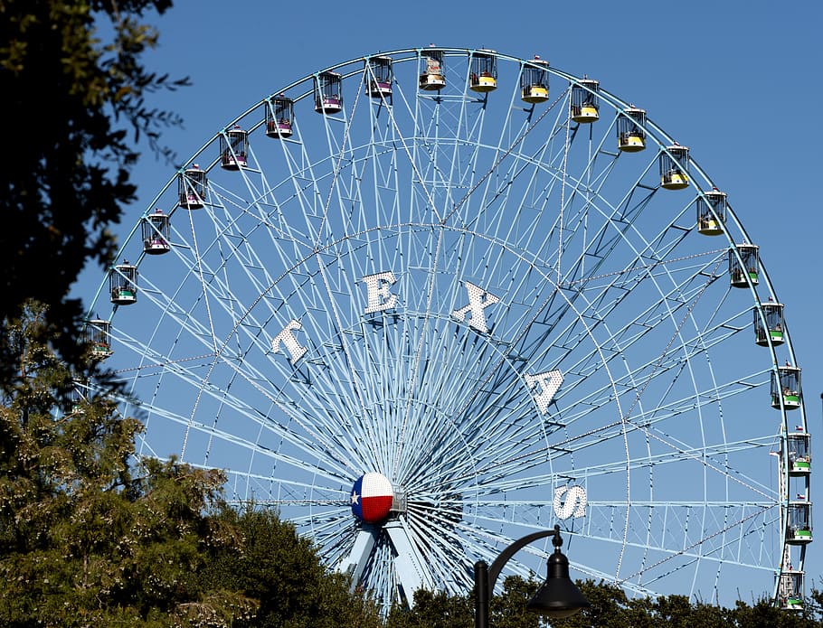 gray ferris wheel under blue sky, amusement, cars, circle, entertainment, HD wallpaper