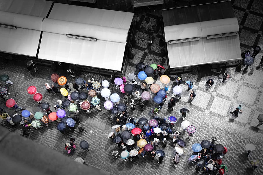 prague, umbrellas, piazza, high angle view, large group of people HD wallpaper