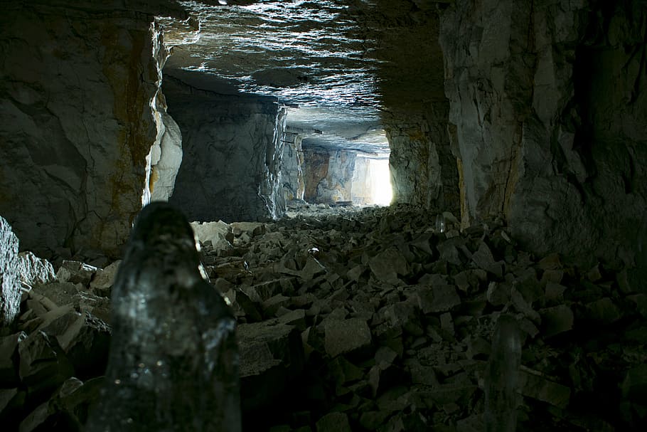 interior photo of tunnel, gallery, cave, light, stones, ice HD wallpaper