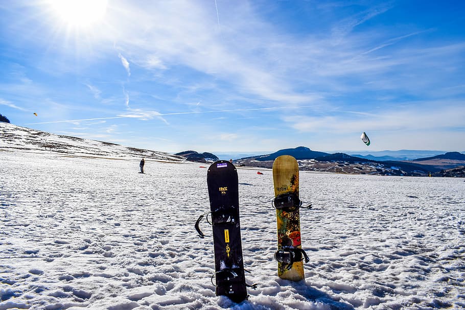 two yellow and black snowboards stuck on snows, Ski, Winter, Snowy