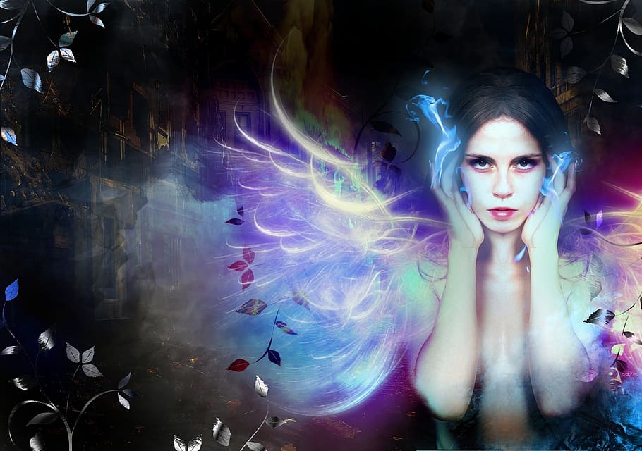 woman with multicolored wings digital photo, fire, swirls, magic HD wallpaper